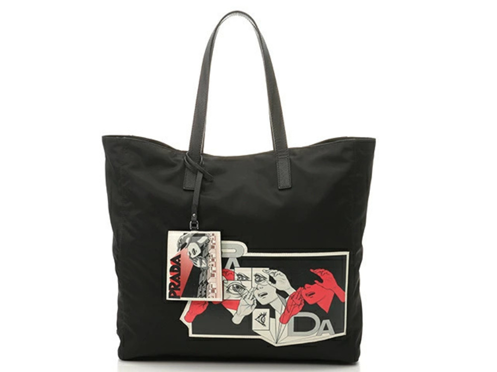 Prada tote bag comic patch black calfskin saffiano leather